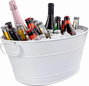 BREKX White Drink Cooler for Parties, Sealed Leak & Rust Resistant Galvanized Tub, Large Ice Bucket and Drink Bucket with Handles, 15 Quarts (4 Gallon), Oval Bucket with Easy to Clean Glossy Finish