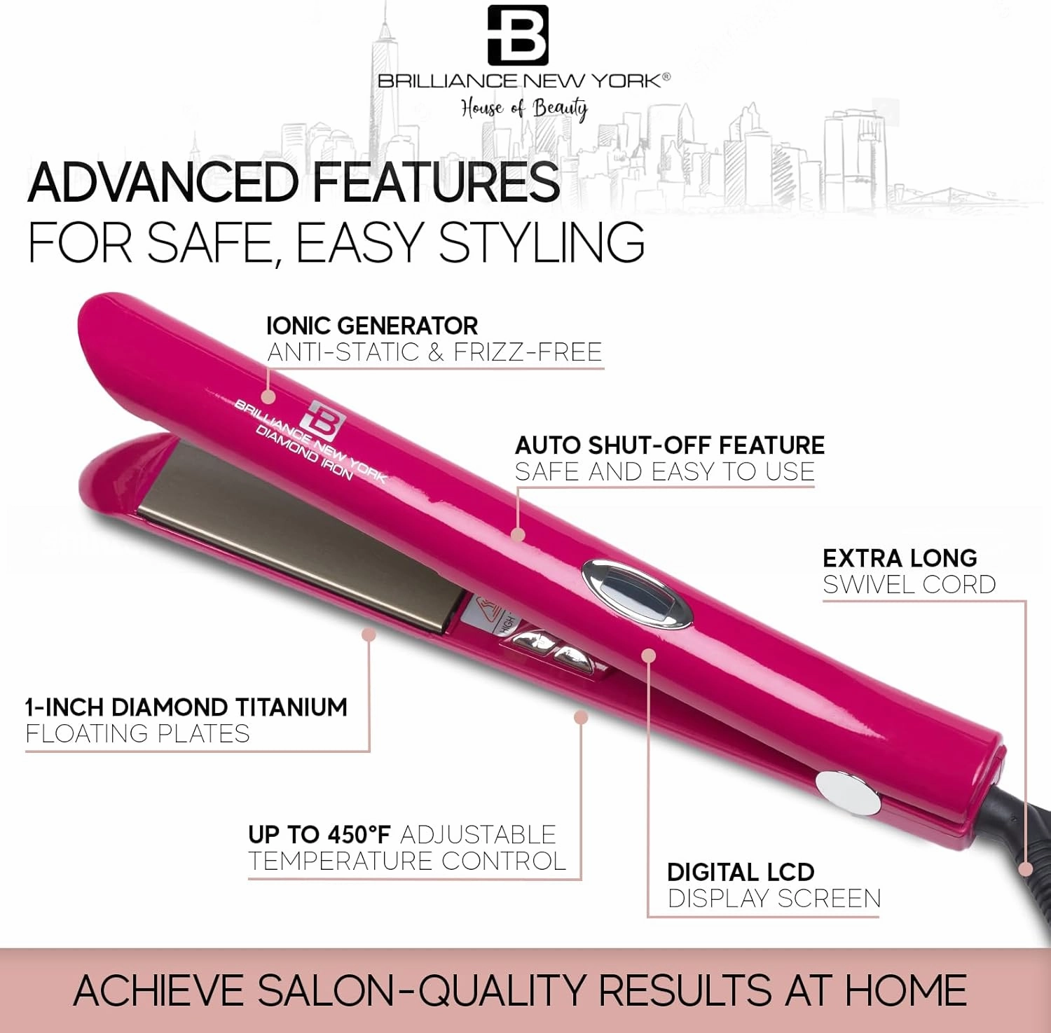 Brilliance New York - 1 Inch Diamond Titanium Flat Iron - 2 in 1 Hair Straightener and Curler - Anti-Static, Frizz-Free Ionic Plates - Auto Shut-Off Dual Voltage Flat Iron w/LCD Display