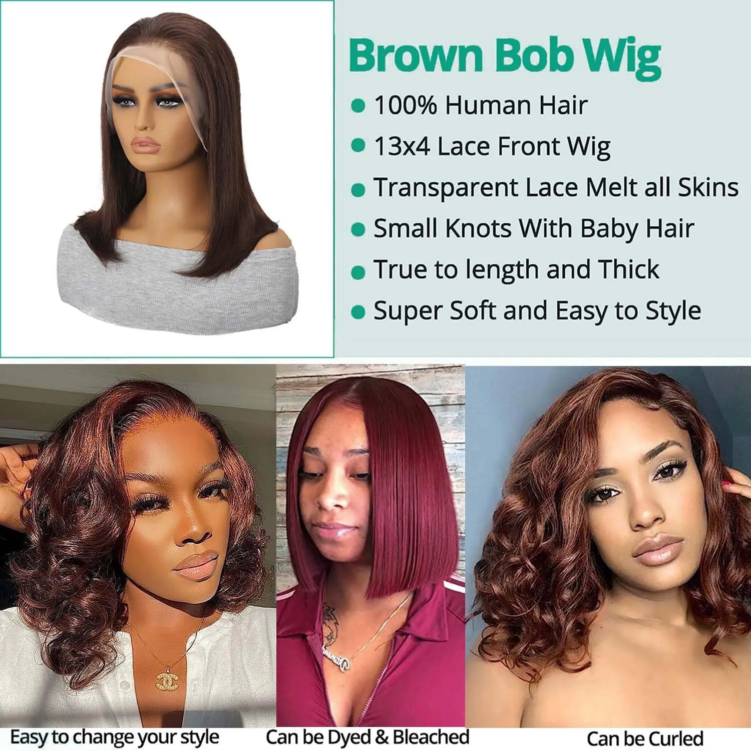 Brown Front Bob Wig Human Hair 13x4 HD Lace Front Wig 100% Unprocessed Brazilian Virgin Human Hair #4 Bob Wigs Pre Plucked Natural Hairline with Baby Hair Brown Color Bob for Women(10")