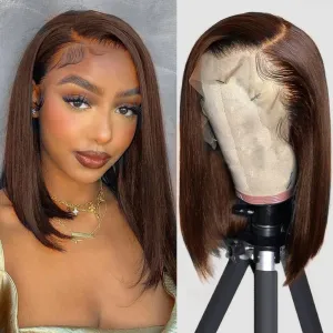 Brown Front Bob Wig Human Hair 13x4 HD Lace Front Wig 100% Unprocessed Brazilian Virgin Human Hair #4 Bob Wigs Pre Plucked Natural Hairline with Baby Hair Brown Color Bob for Women(10")