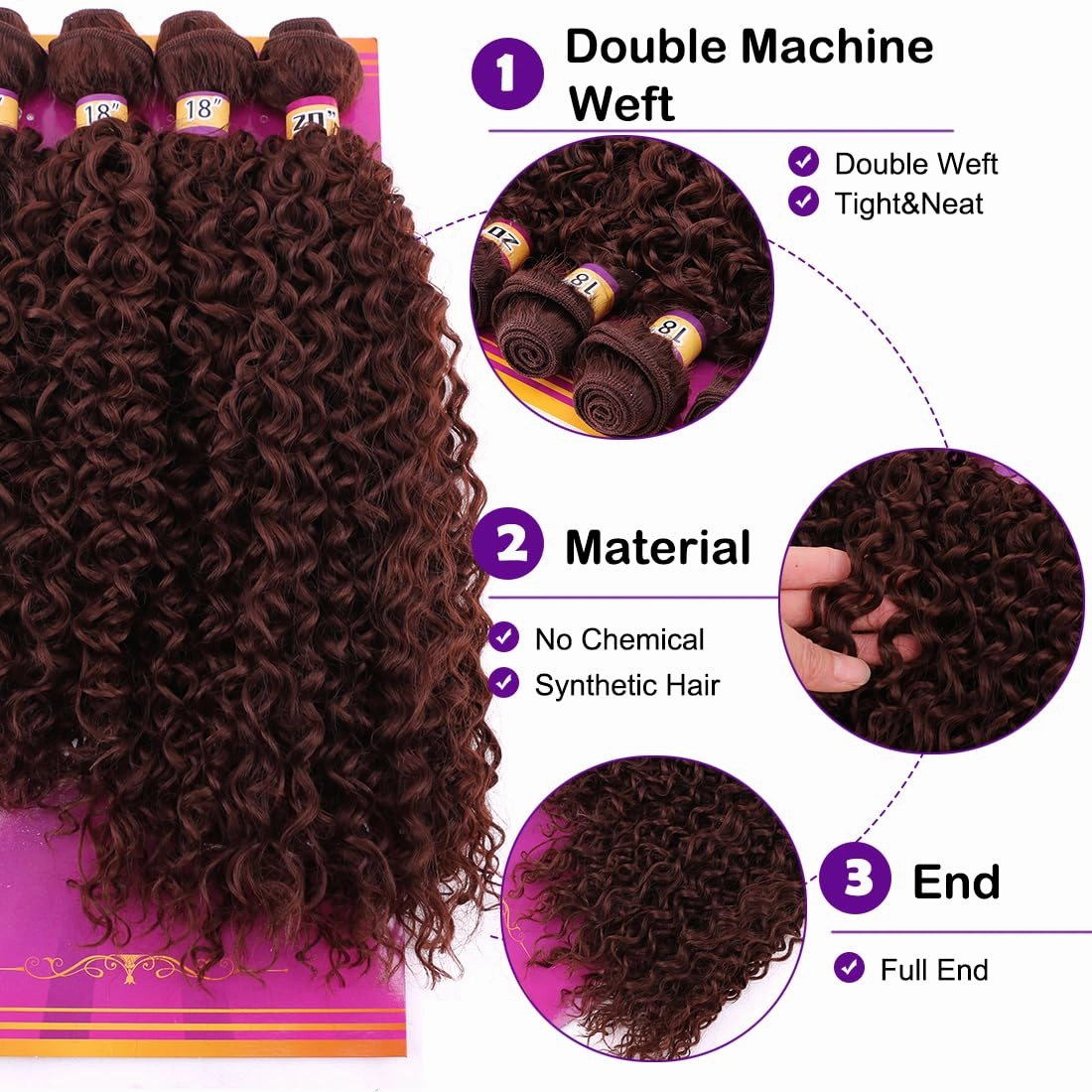 Brown Afro Kinky Curly Synthetic Hair Weave 4 Bundles 16 18 18 20 Inches Jerry Curl Synthetic Hair Weft Extensions(Color 33)