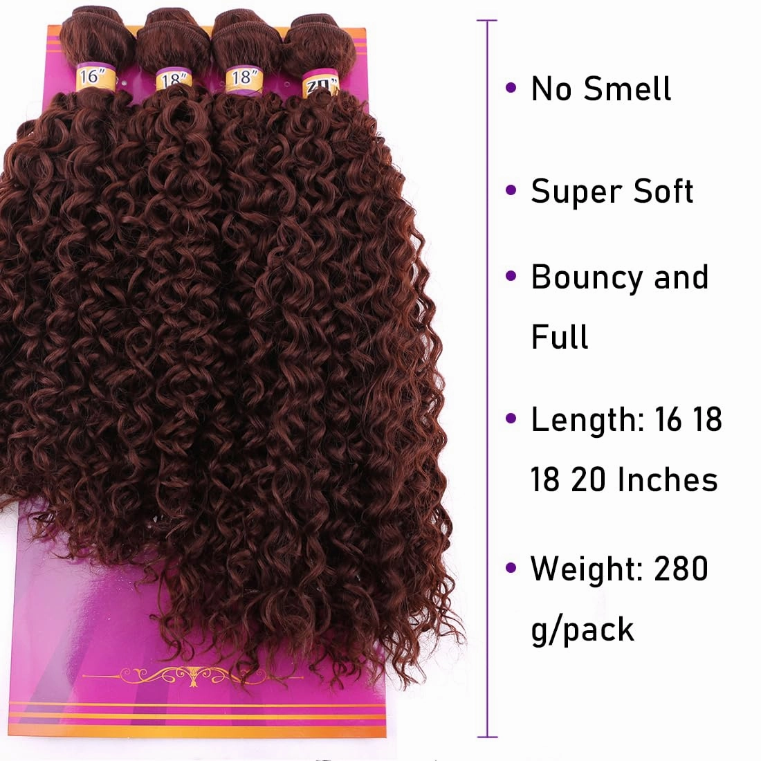 Brown Afro Kinky Curly Synthetic Hair Weave 4 Bundles 16 18 18 20 Inches Jerry Curl Synthetic Hair Weft Extensions(Color 33)