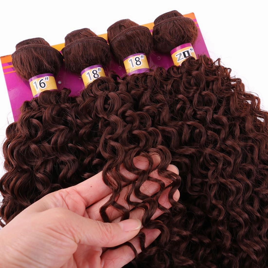 Brown Afro Kinky Curly Synthetic Hair Weave 4 Bundles 16 18 18 20 Inches Jerry Curl Synthetic Hair Weft Extensions(Color 33)