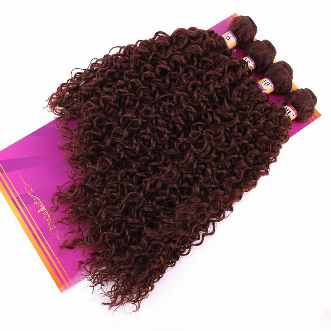 Brown Afro Kinky Curly Synthetic Hair Weave 4 Bundles 16 18 18 20 Inches Jerry Curl Synthetic Hair Weft Extensions(Color 33)