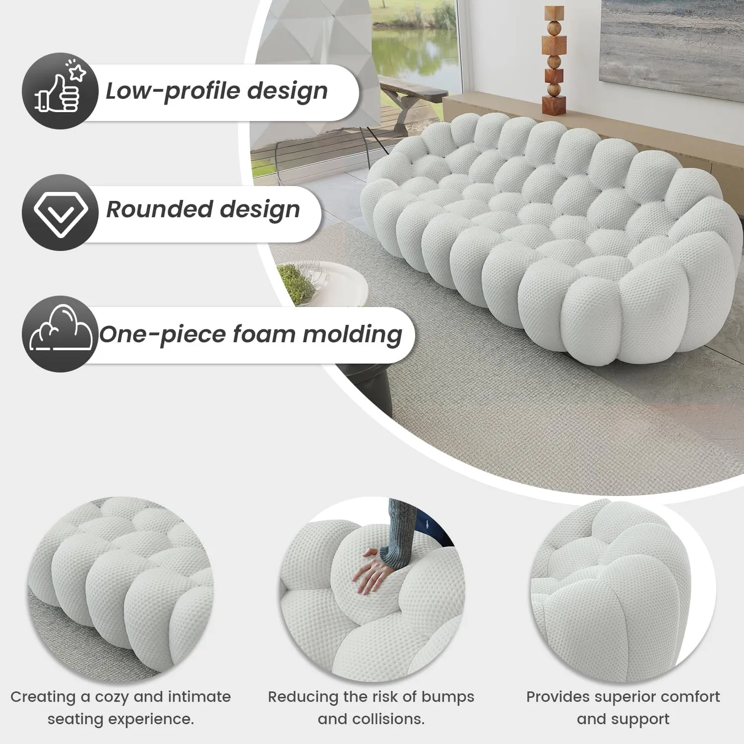 Bubble Couch,48inch Modern Curved Sofa, Morden Lazy Floor Sofa, Memory Foam Bean Bag Floor Couch Lounge Chair for Living Room, Office, Apartment (Gray)