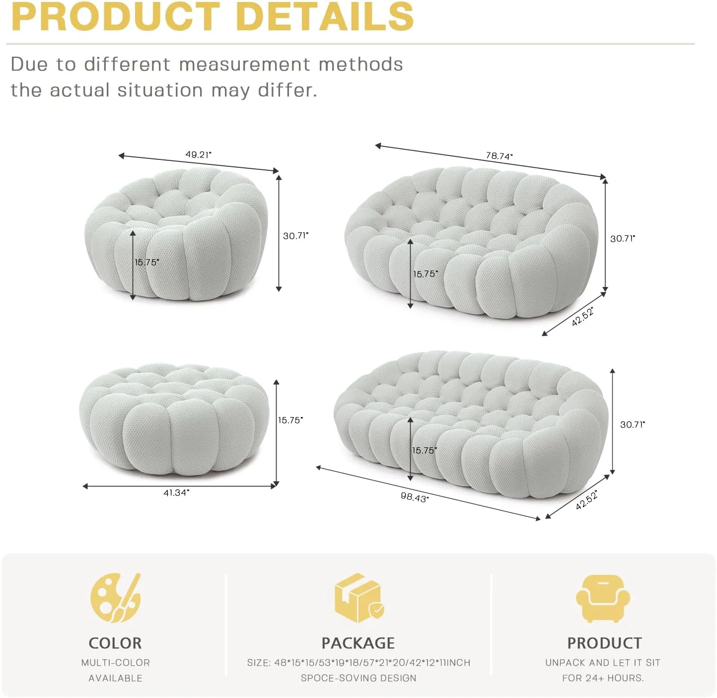 Bubble Couch,48inch Modern Curved Sofa, Morden Lazy Floor Sofa, Memory Foam Bean Bag Floor Couch Lounge Chair for Living Room, Office, Apartment (Gray)