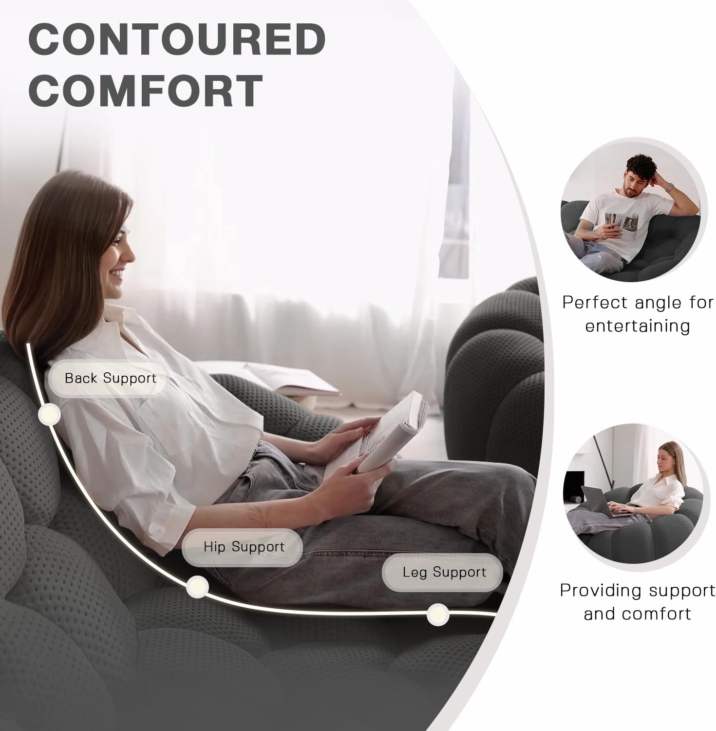 Bubble Couch,48' Modern Curved Sofa, Morden Lazy Floor Sofa, Memory Foam Bean Bag Floor Couch Lounge Chair for Living Room, Office, Apartment (Dark Gray)