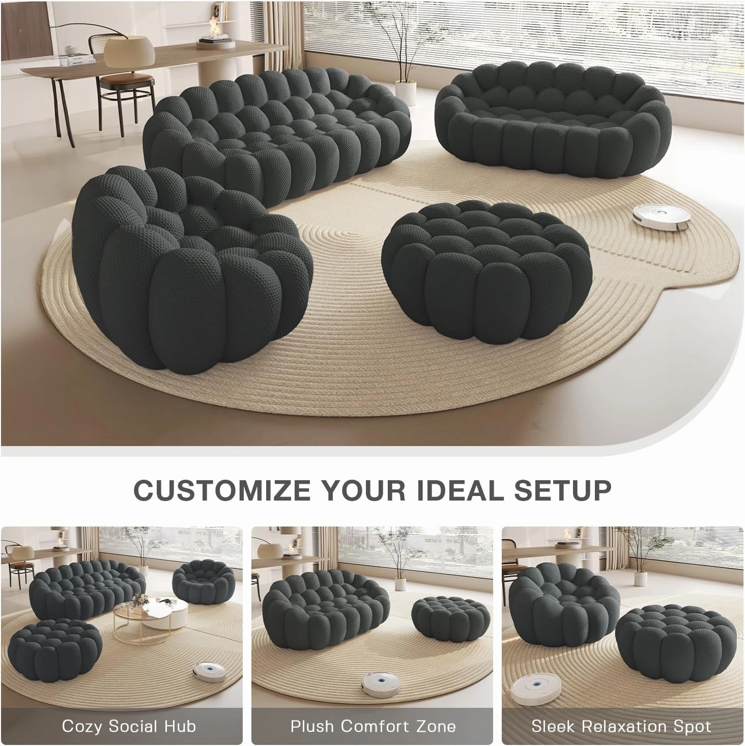 Bubble Couch,48' Modern Curved Sofa, Morden Lazy Floor Sofa, Memory Foam Bean Bag Floor Couch Lounge Chair for Living Room, Office, Apartment (Dark Gray)