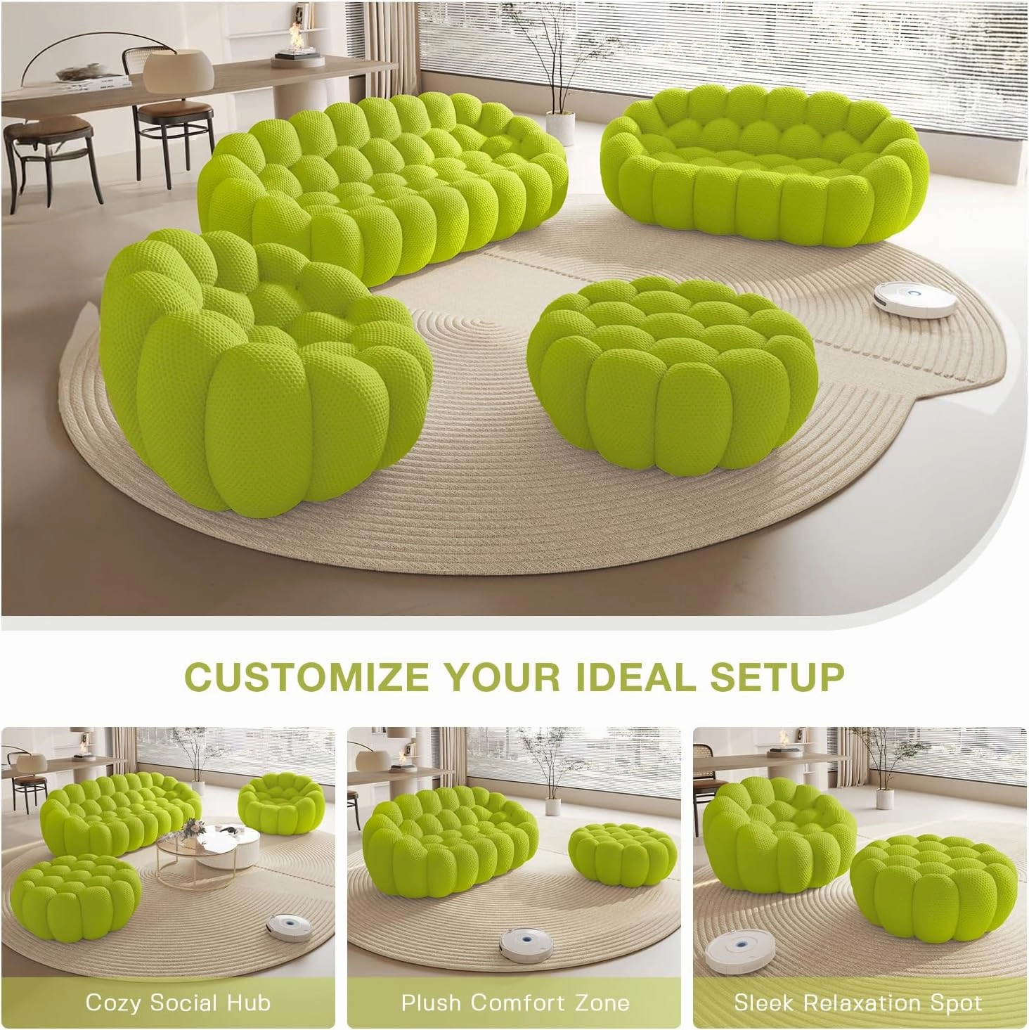 Bubble Couch,48' Modern Curved Sofa, Morden Lazy Floor Sofa, Memory Foam Bean Bag Floor Couch Lounge Chair for Living Room, Office, Apartment (Lemon Green)