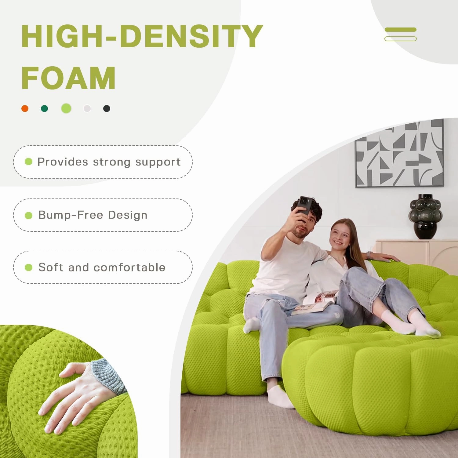 Bubble Couch,48' Modern Curved Sofa, Morden Lazy Floor Sofa, Memory Foam Bean Bag Floor Couch Lounge Chair for Living Room, Office, Apartment (Lemon Green)