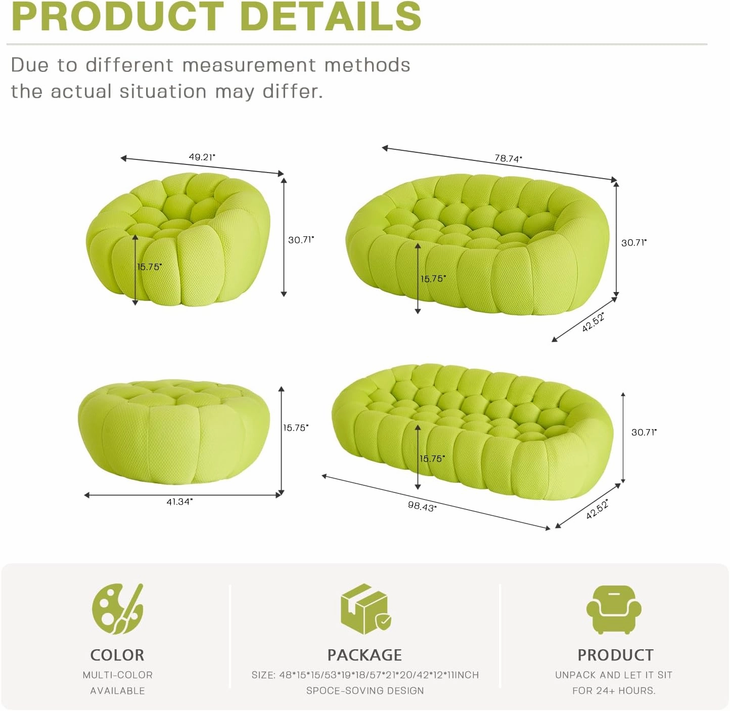 Bubble Couch,48' Modern Curved Sofa, Morden Lazy Floor Sofa, Memory Foam Bean Bag Floor Couch Lounge Chair for Living Room, Office, Apartment (Lemon Green)