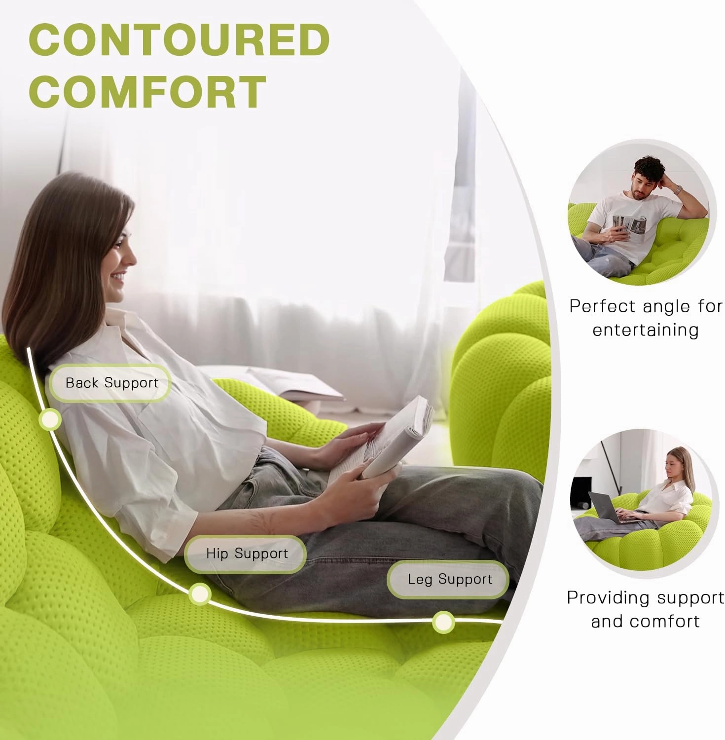Bubble Couch,48' Modern Curved Sofa, Morden Lazy Floor Sofa, Memory Foam Bean Bag Floor Couch Lounge Chair for Living Room, Office, Apartment (Lemon Green)