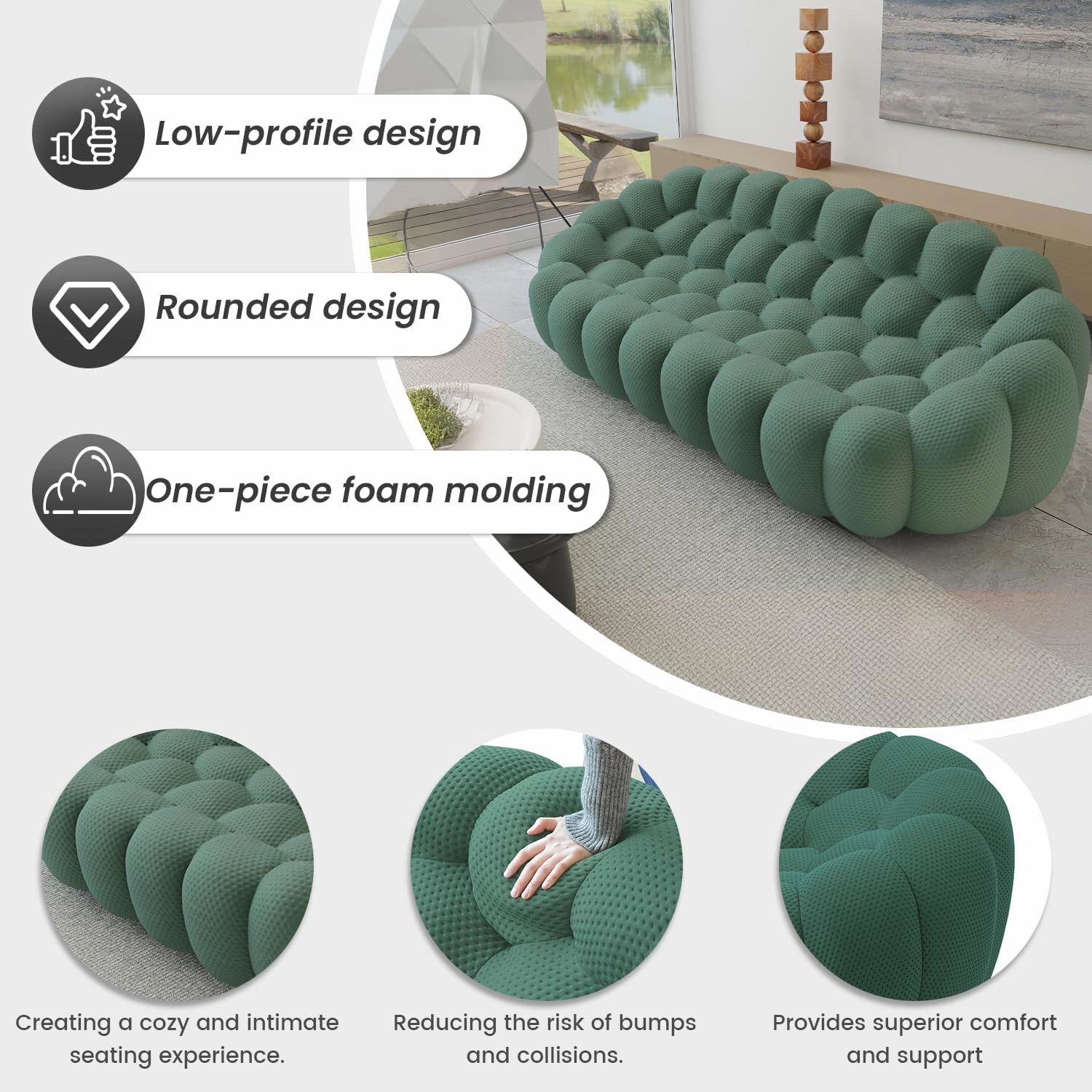 Bubble Couch,49.21'' Single Sofa,Mesh Fabric Lazy Floor Sofa, 3D Honeycomb Shape Curved Couch for Living Room, Office, Apartment (Green, 48.43" D)