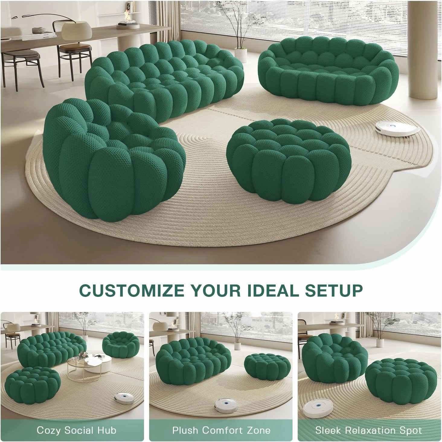 Bubble Couch,49.21'' Single Sofa,Mesh Fabric Lazy Floor Sofa, 3D Honeycomb Shape Curved Couch for Living Room, Office, Apartment (Green, 48.43" D)
