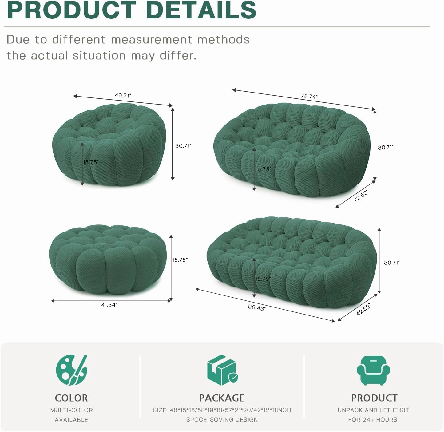 Bubble Couch,49.21'' Single Sofa,Mesh Fabric Lazy Floor Sofa, 3D Honeycomb Shape Curved Couch for Living Room, Office, Apartment (Green, 48.43" D)