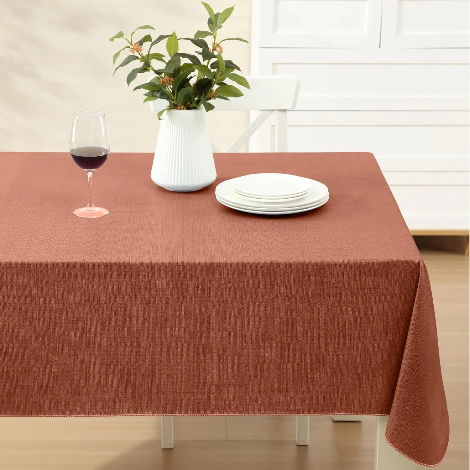 Cafe Hotel Linen Look Solid Color Heavy 4 Gauge Vinyl Flannel Backed Tablecloth, Indoor/Outdoor Wipe Clean Tablecloth, 60 Inch x 120 Inch Oblong/Rectangle, Orange