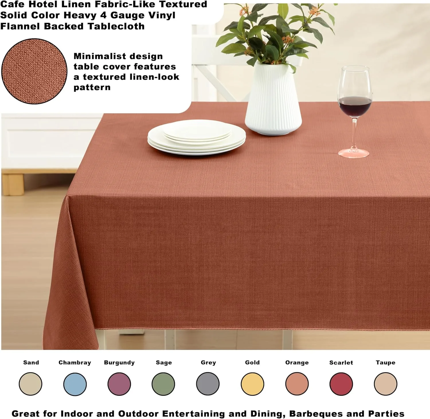 Cafe Hotel Linen Look Solid Color Heavy 4 Gauge Vinyl Flannel Backed Tablecloth, Indoor/Outdoor Wipe Clean Tablecloth, 60 Inch x 120 Inch Oblong/Rectangle, Orange
