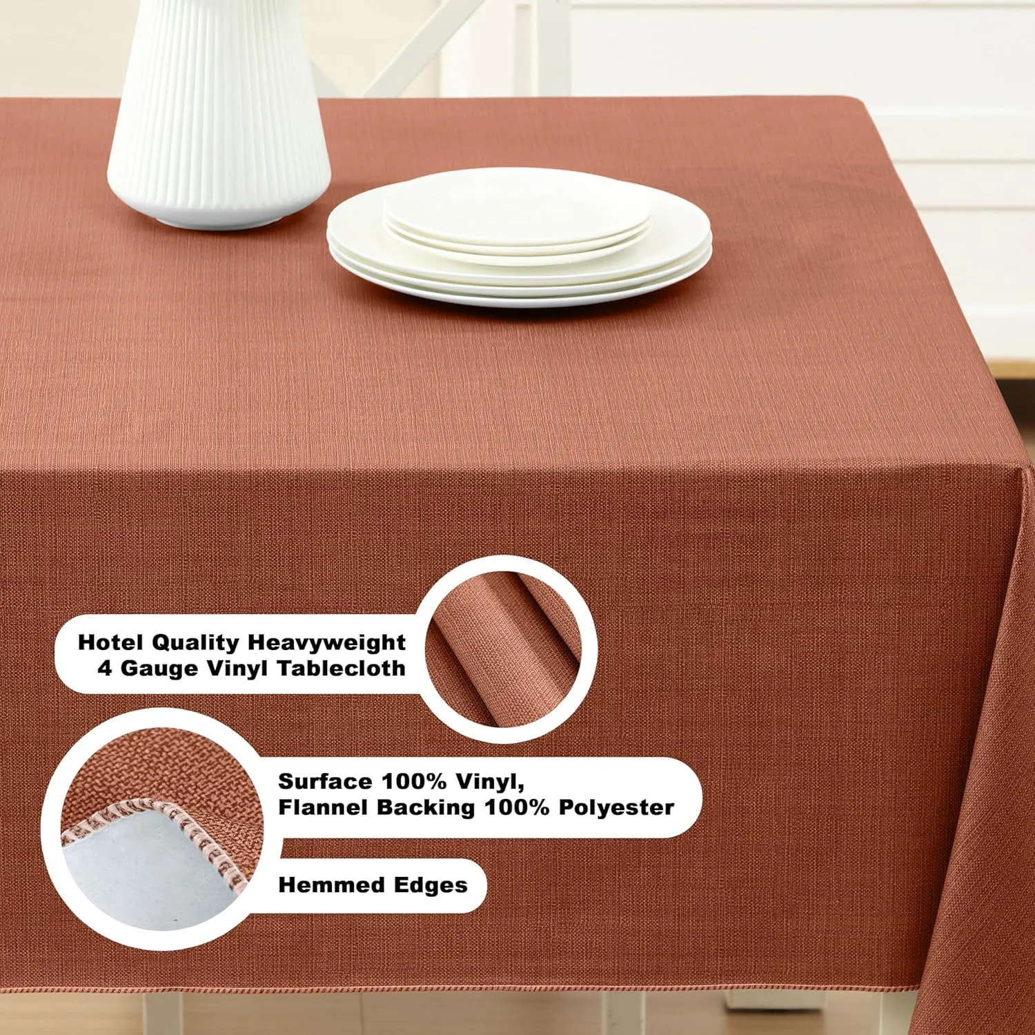 Cafe Hotel Linen Look Solid Color Heavy 4 Gauge Vinyl Flannel Backed Tablecloth, Indoor/Outdoor Wipe Clean Tablecloth, 60 Inch x 120 Inch Oblong/Rectangle, Orange