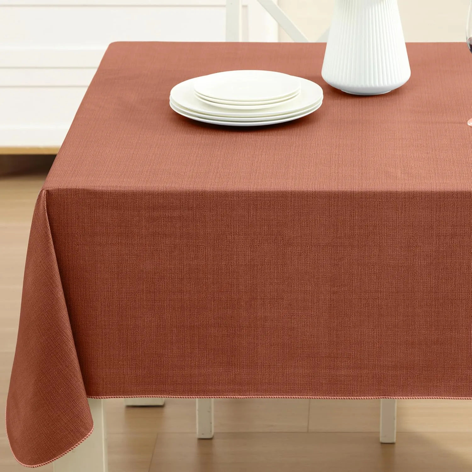 Cafe Hotel Linen Look Solid Color Heavy 4 Gauge Vinyl Flannel Backed Tablecloth, Indoor/Outdoor Wipe Clean Tablecloth, 60 Inch x 120 Inch Oblong/Rectangle, Orange