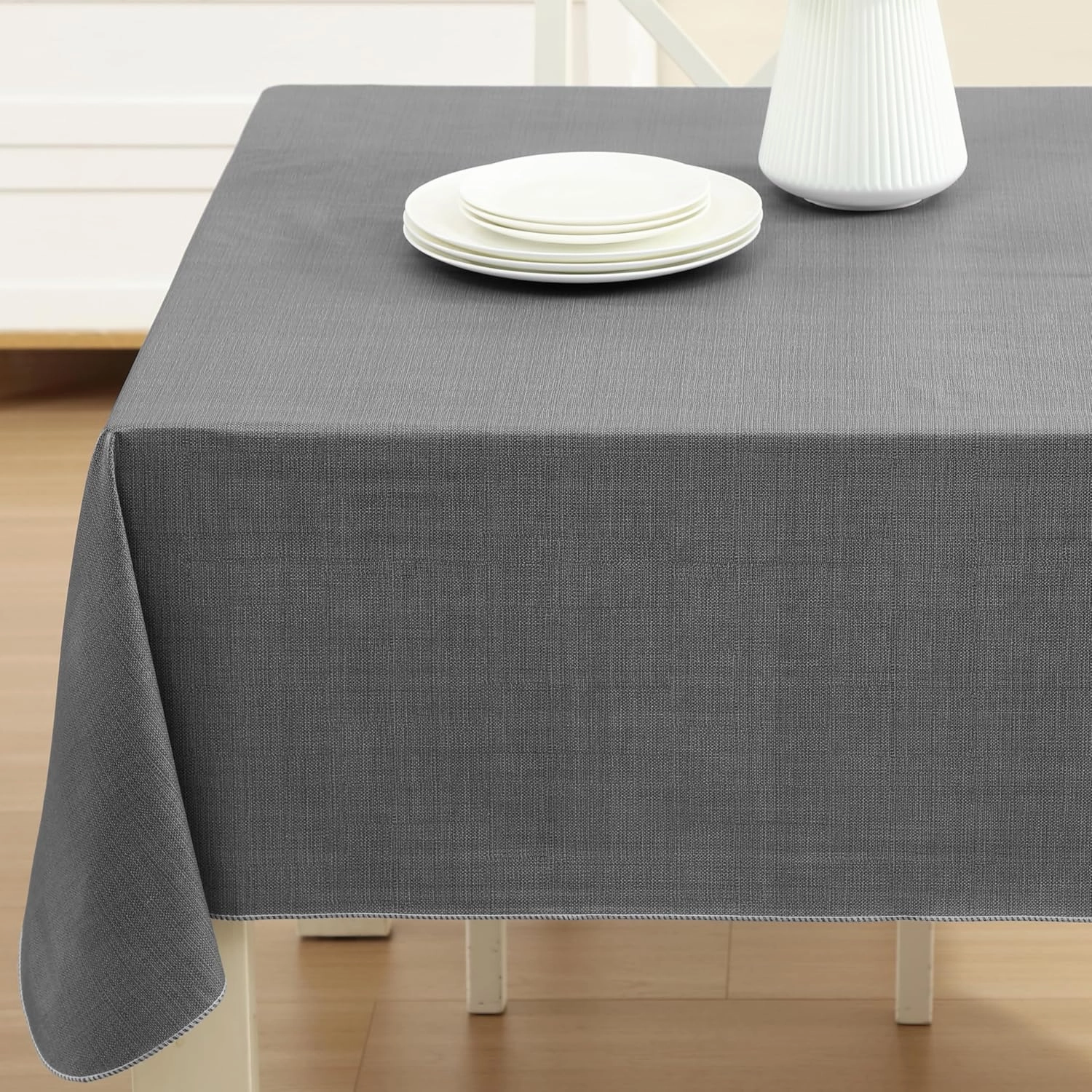 Cafe Hotel Linen Look Solid Color Heavy 4 Gauge Vinyl Flannel Backed Tablecloth, Indoor/Outdoor Wipe Clean Tablecloth, 52 Inch x 52 Inch Square, Grey