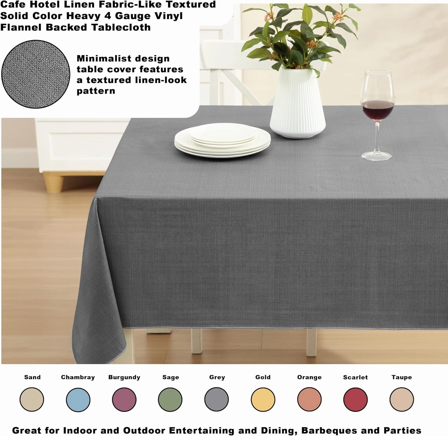 Cafe Hotel Linen Look Solid Color Heavy 4 Gauge Vinyl Flannel Backed Tablecloth, Indoor/Outdoor Wipe Clean Tablecloth, 52 Inch x 52 Inch Square, Grey