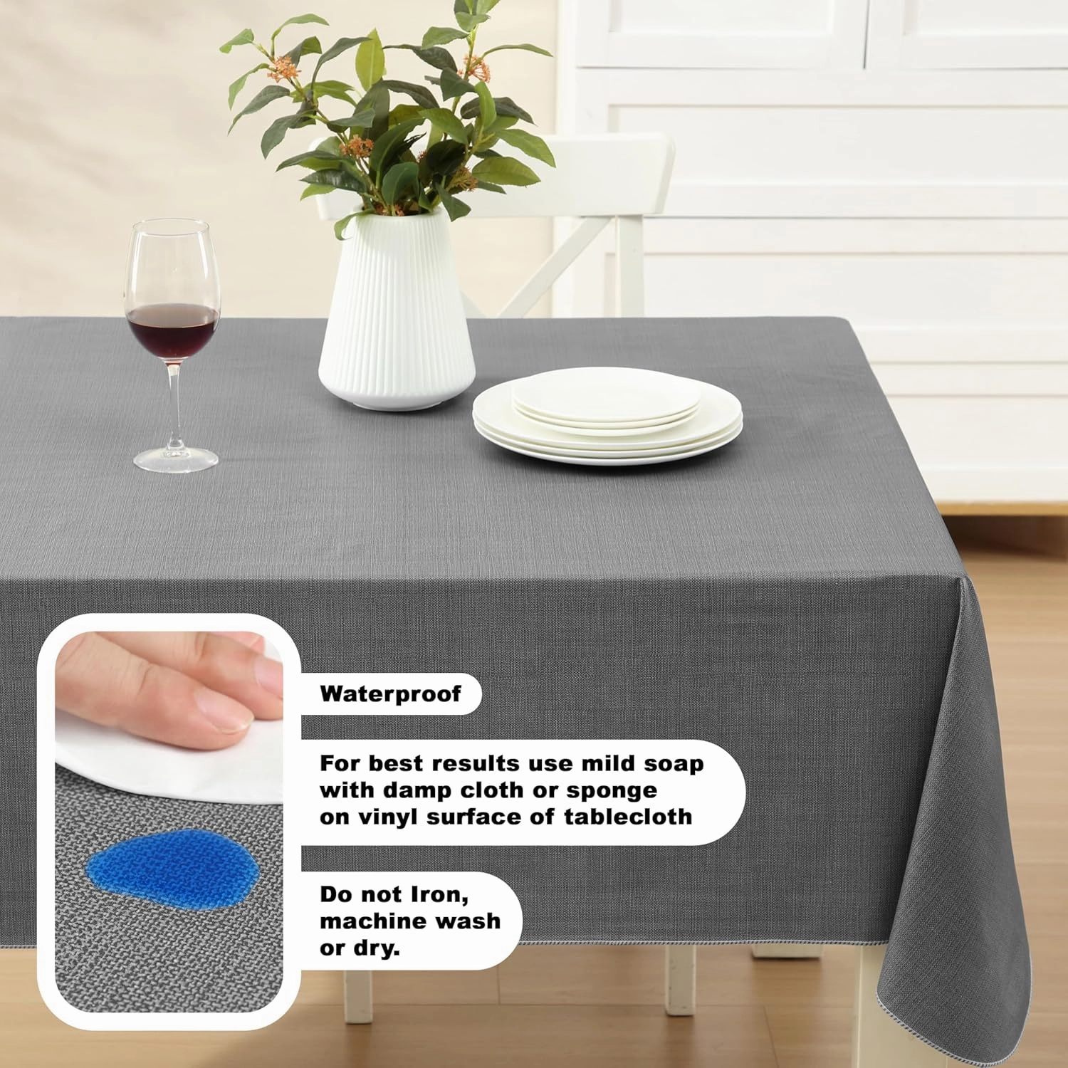 Cafe Hotel Linen Look Solid Color Heavy 4 Gauge Vinyl Flannel Backed Tablecloth, Indoor/Outdoor Wipe Clean Tablecloth, 52 Inch x 52 Inch Square, Grey