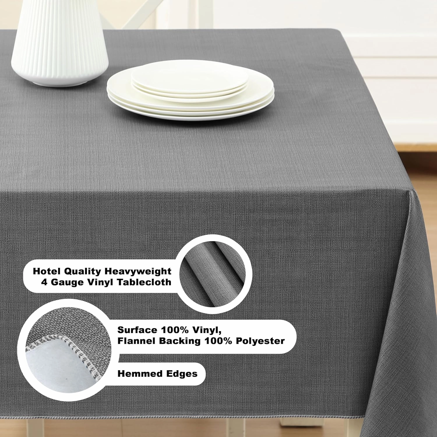 Cafe Hotel Linen Look Solid Color Heavy 4 Gauge Vinyl Flannel Backed Tablecloth, Indoor/Outdoor Wipe Clean Tablecloth, 52 Inch x 52 Inch Square, Grey