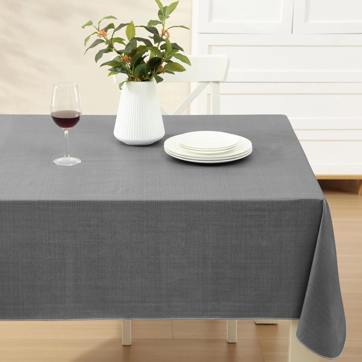 Cafe Hotel Linen Look Solid Color Heavy 4 Gauge Vinyl Flannel Backed Tablecloth, Indoor/Outdoor Wipe Clean Tablecloth, 52 Inch x 52 Inch Square, Grey