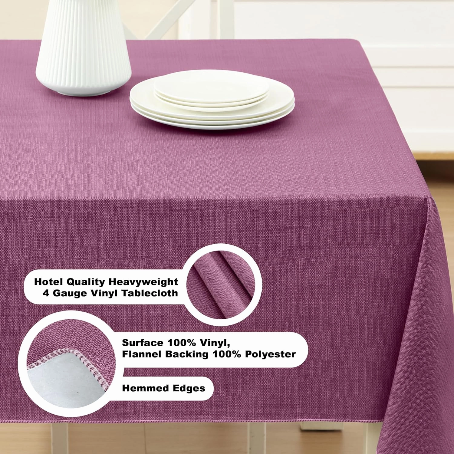 Cafe Hotel Linen Look Solid Color Heavy 4 Gauge Vinyl Flannel Backed Tablecloth, Indoor/Outdoor Wipe Clean Tablecloth, 60 Inch x 120 Inch Oblong/Rectangle, Burgundy