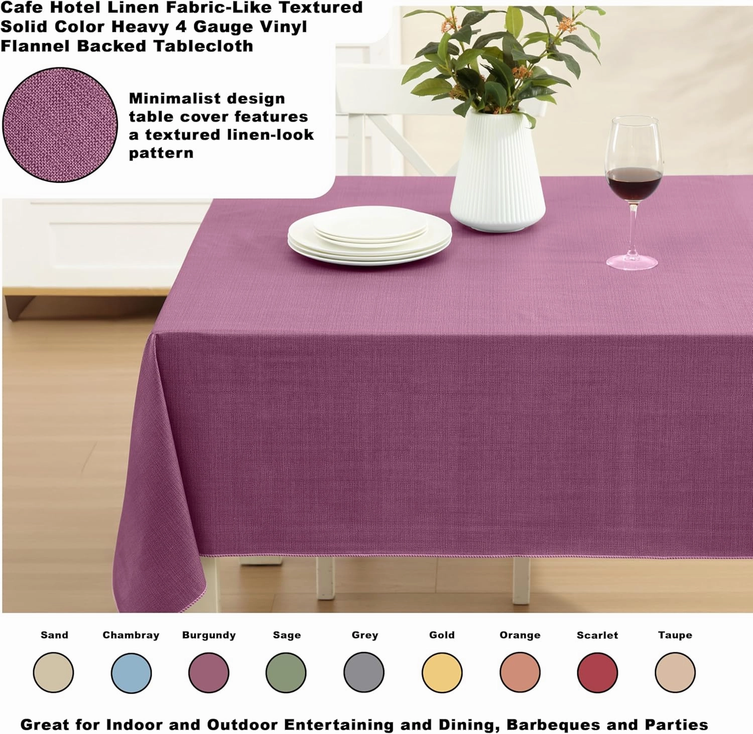 Cafe Hotel Linen Look Solid Color Heavy 4 Gauge Vinyl Flannel Backed Tablecloth, Indoor/Outdoor Wipe Clean Tablecloth, 60 Inch x 120 Inch Oblong/Rectangle, Burgundy