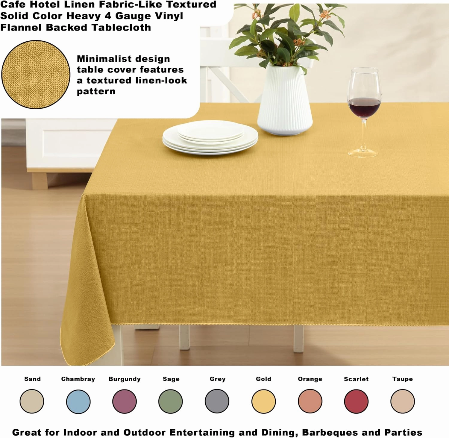 Cafe Hotel Linen Look Solid Color Heavy 4 Gauge Vinyl Flannel Backed Tablecloth, Indoor/Outdoor Wipe Clean Tablecloth, 60 Inch x 120 Inch Oblong/Rectangle, Gold