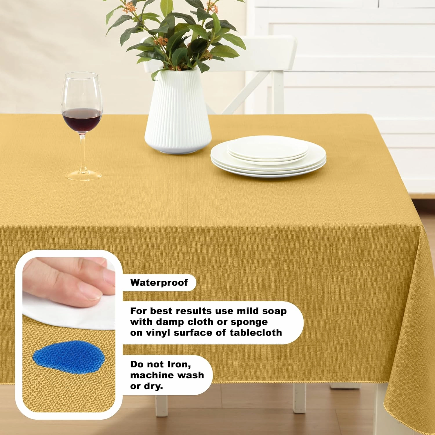 Cafe Hotel Linen Look Solid Color Heavy 4 Gauge Vinyl Flannel Backed Tablecloth, Indoor/Outdoor Wipe Clean Tablecloth, 60 Inch x 120 Inch Oblong/Rectangle, Gold
