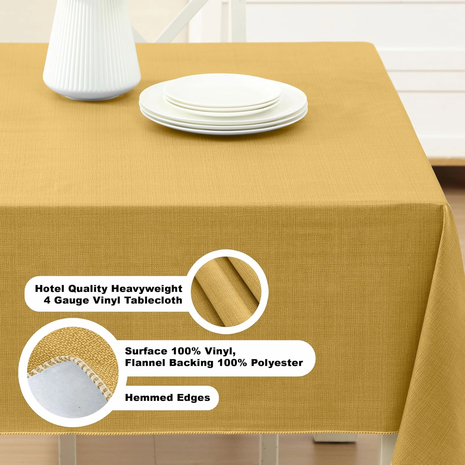 Cafe Hotel Linen Look Solid Color Heavy 4 Gauge Vinyl Flannel Backed Tablecloth, Indoor/Outdoor Wipe Clean Tablecloth, 60 Inch x 120 Inch Oblong/Rectangle, Gold