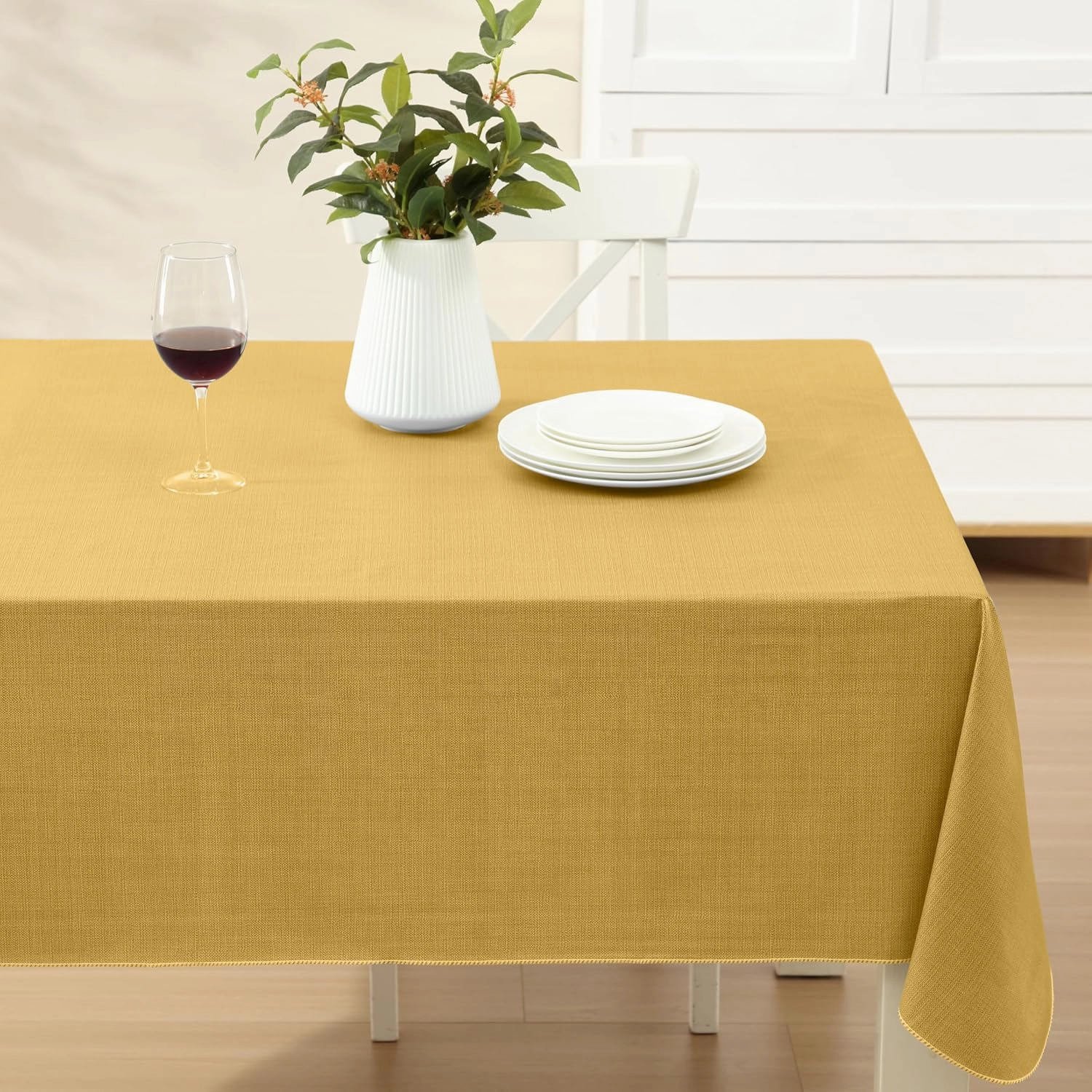 Cafe Hotel Linen Look Solid Color Heavy 4 Gauge Vinyl Flannel Backed Tablecloth, Indoor/Outdoor Wipe Clean Tablecloth, 60 Inch x 120 Inch Oblong/Rectangle, Gold