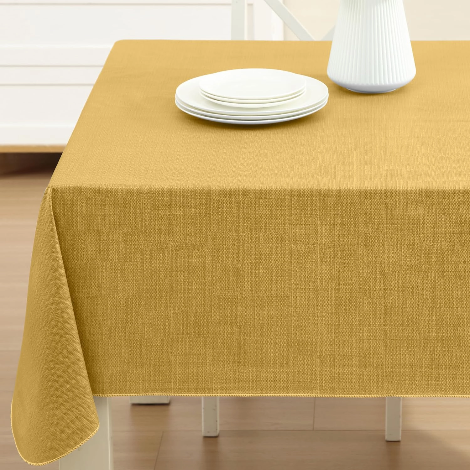 Cafe Hotel Linen Look Solid Color Heavy 4 Gauge Vinyl Flannel Backed Tablecloth, Indoor/Outdoor Wipe Clean Tablecloth, 60 Inch x 120 Inch Oblong/Rectangle, Gold