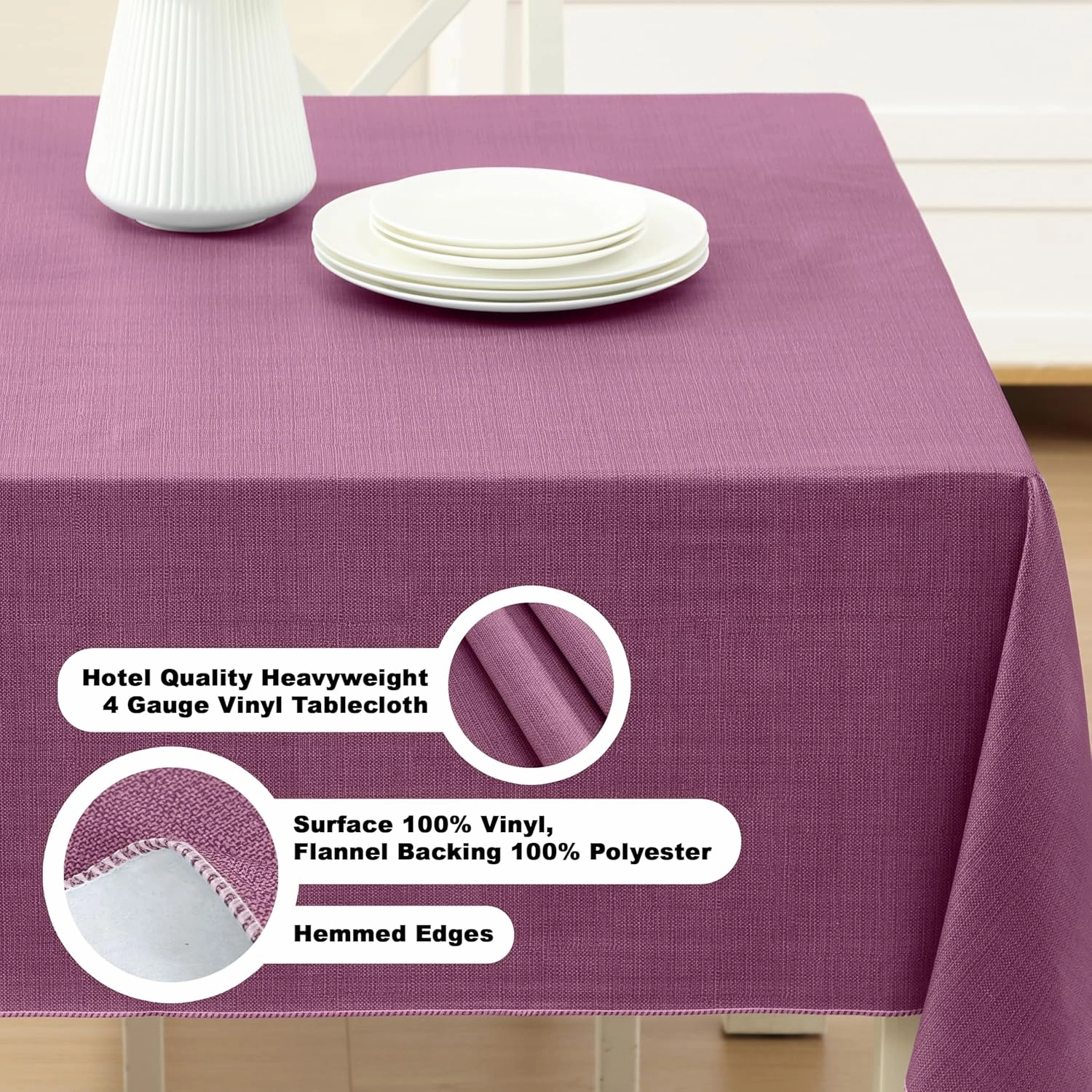 Cafe Hotel Linen Look Solid Color Heavy 4 Gauge Vinyl Flannel Backed Tablecloth, Indoor/Outdoor Wipe Clean Tablecloth, 60 Inch x 84 Inch Oblong/Rectangle, Burgundy