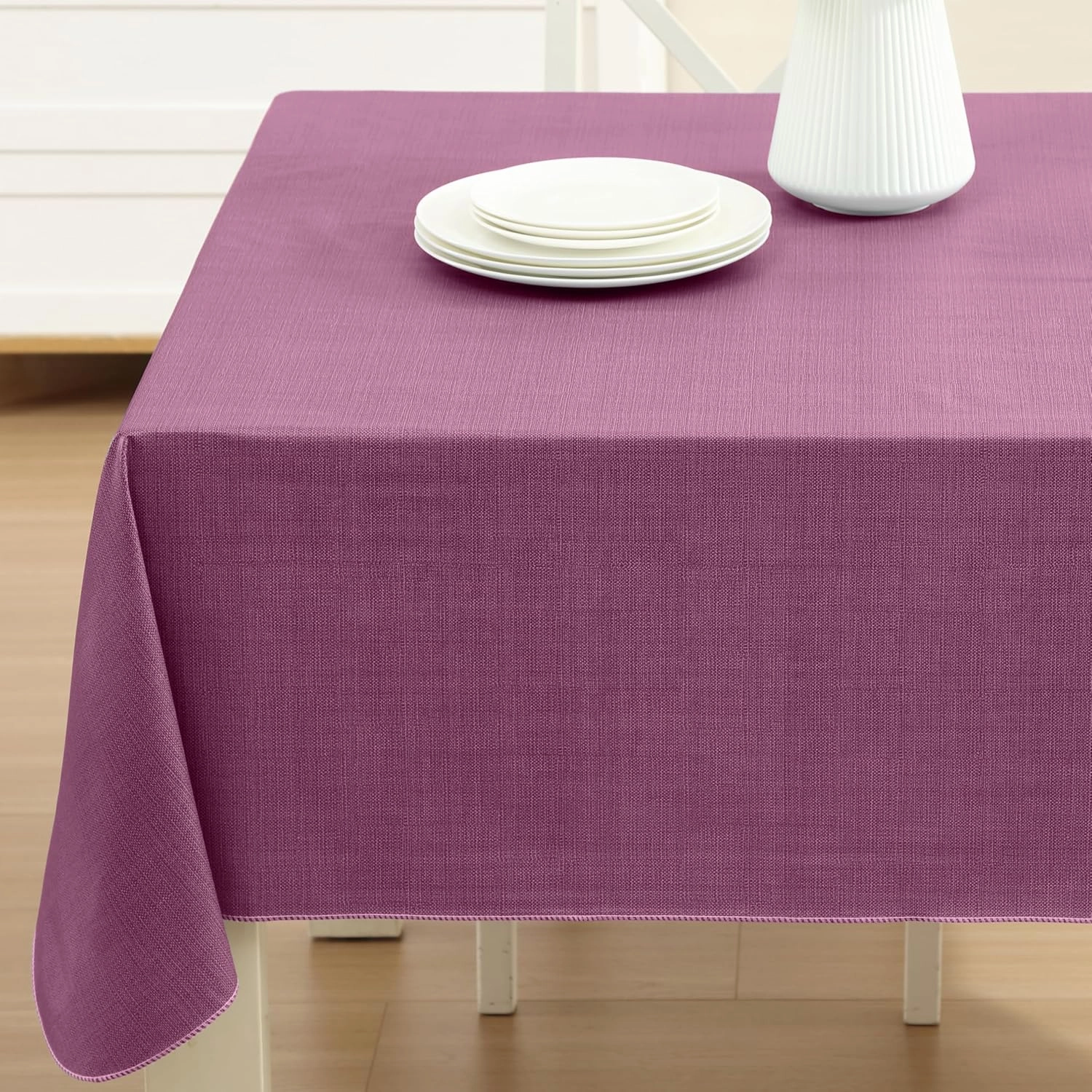 Cafe Hotel Linen Look Solid Color Heavy 4 Gauge Vinyl Flannel Backed Tablecloth, Indoor/Outdoor Wipe Clean Tablecloth, 60 Inch x 84 Inch Oblong/Rectangle, Burgundy