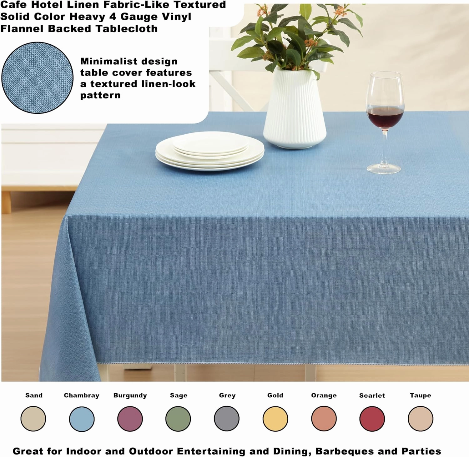Cafe Hotel Linen Look Solid Color Heavy 4 Gauge Vinyl Flannel Backed Tablecloth, Indoor/Outdoor Wipe Clean Tablecloth, 60 Inch x 84 Inch Oblong/Rectangle, Chambray Blue