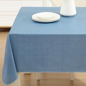 Cafe Hotel Linen Look Solid Color Heavy 4 Gauge Vinyl Flannel Backed Tablecloth, Indoor/Outdoor Wipe Clean Tablecloth, 60 Inch x 84 Inch Oblong/Rectangle, Chambray Blue