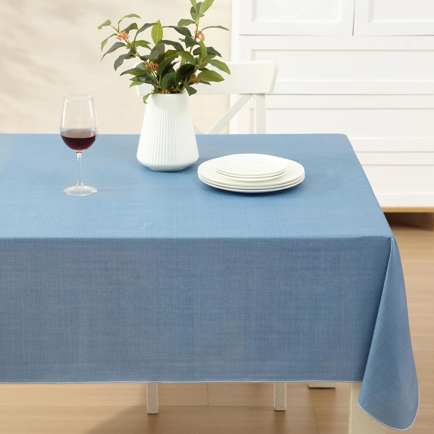 Cafe Hotel Linen Look Solid Color Heavy 4 Gauge Vinyl Flannel Backed Tablecloth, Indoor/Outdoor Wipe Clean Tablecloth, 60 Inch x 84 Inch Oblong/Rectangle, Chambray Blue