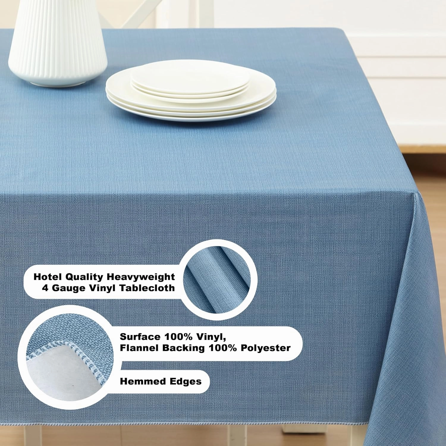 Cafe Hotel Linen Look Solid Color Heavy 4 Gauge Vinyl Flannel Backed Tablecloth, Indoor/Outdoor Wipe Clean Tablecloth, 60 Inch x 84 Inch Oblong/Rectangle, Chambray Blue