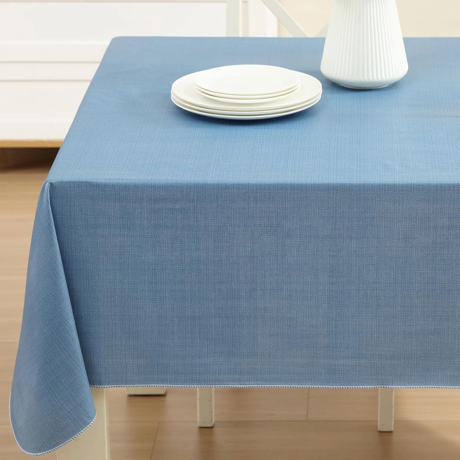 Cafe Hotel Linen Look Solid Color Heavy 4 Gauge Vinyl Flannel Backed Tablecloth, Indoor/Outdoor Wipe Clean Tablecloth, 60 Inch x 84 Inch Oblong/Rectangle, Chambray Blue