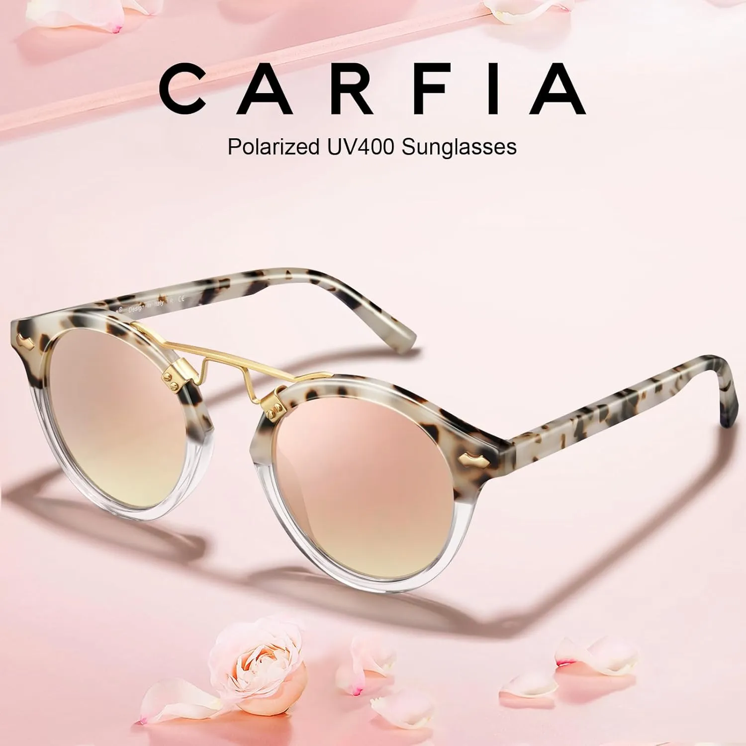 CARFIA Double Bridge Small Acetate Sunglasses for Women Polarized, Retro Metal Brow Ladies Sunnies Fashion Round Eyewears