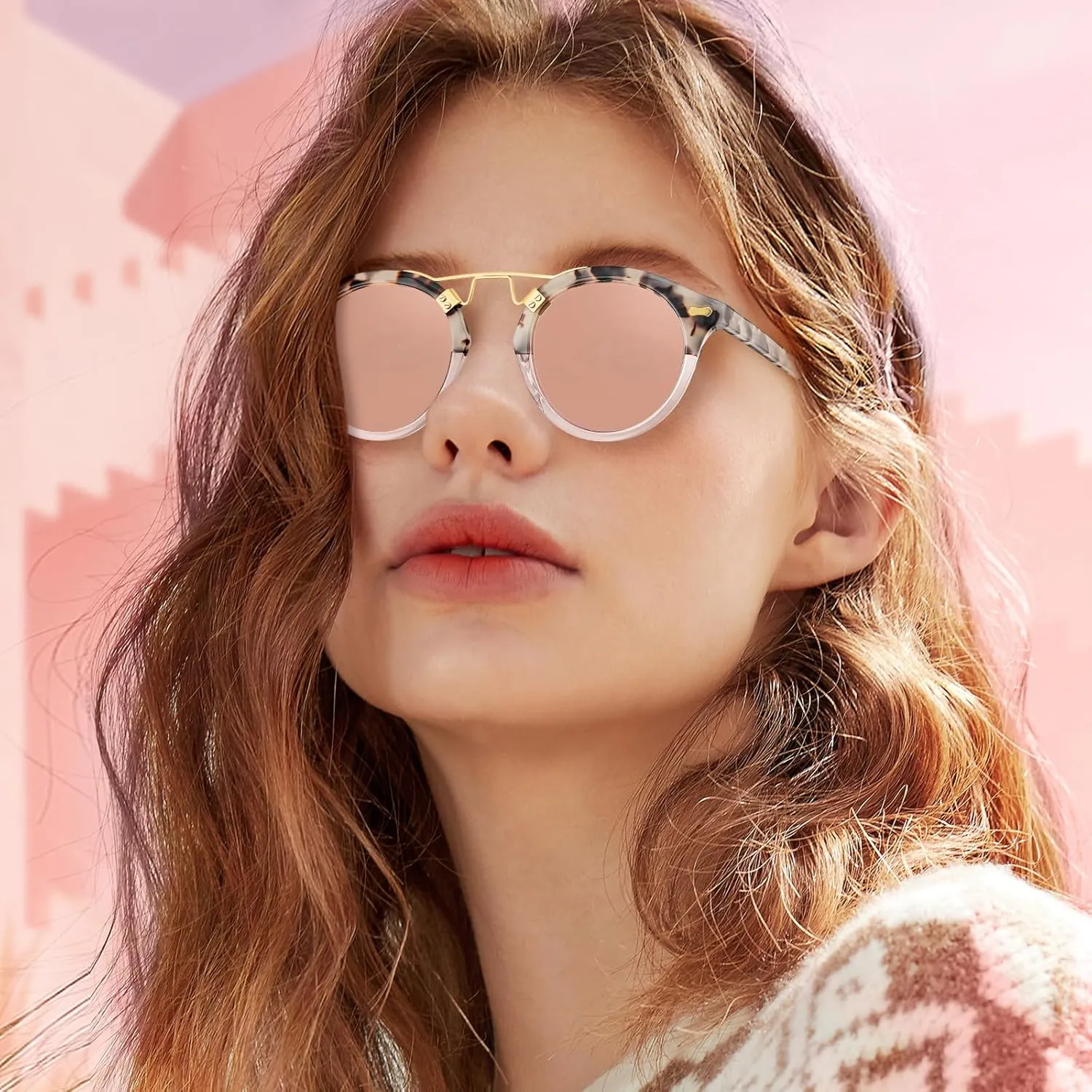 CARFIA Double Bridge Small Acetate Sunglasses for Women Polarized, Retro Metal Brow Ladies Sunnies Fashion Round Eyewears