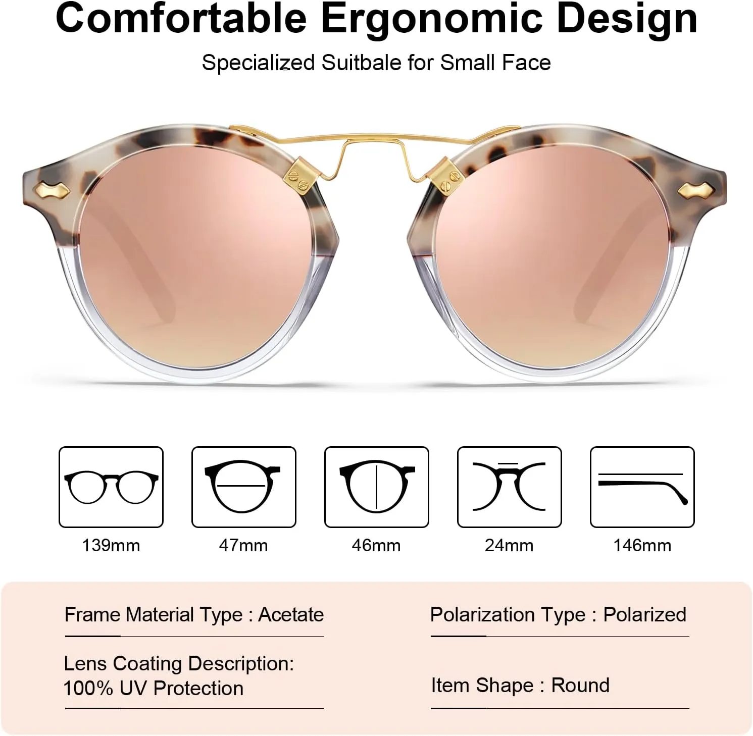 CARFIA Double Bridge Small Acetate Sunglasses for Women Polarized, Retro Metal Brow Ladies Sunnies Fashion Round Eyewears