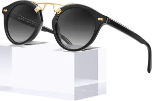 CARFIA Double Bridge Small Acetate Sunglasses for Women Polarized, Retro Metal Brow Ladies Sunnies Fashion Round Eyewears