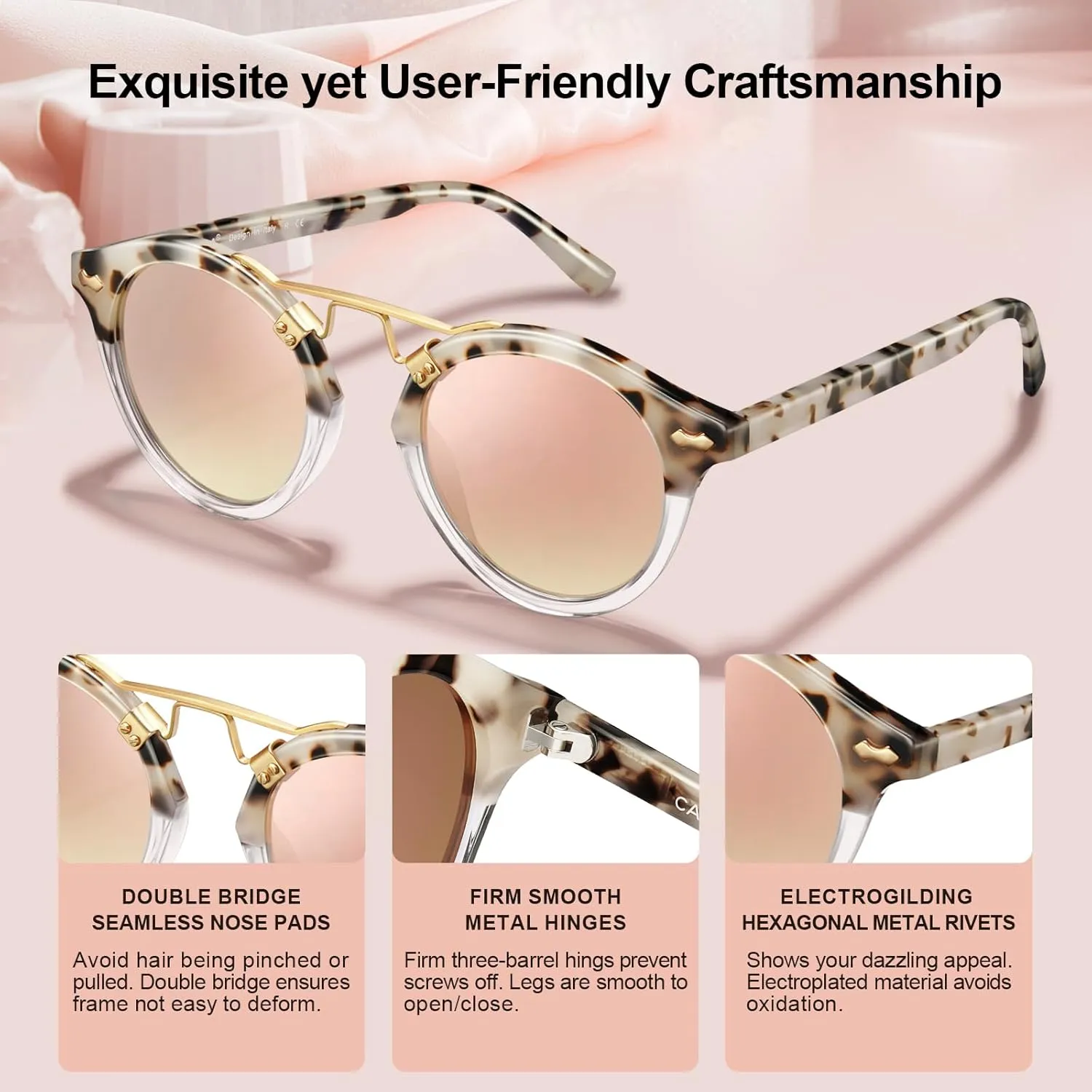 CARFIA Double Bridge Small Acetate Sunglasses for Women Polarized, Retro Metal Brow Ladies Sunnies Fashion Round Eyewears