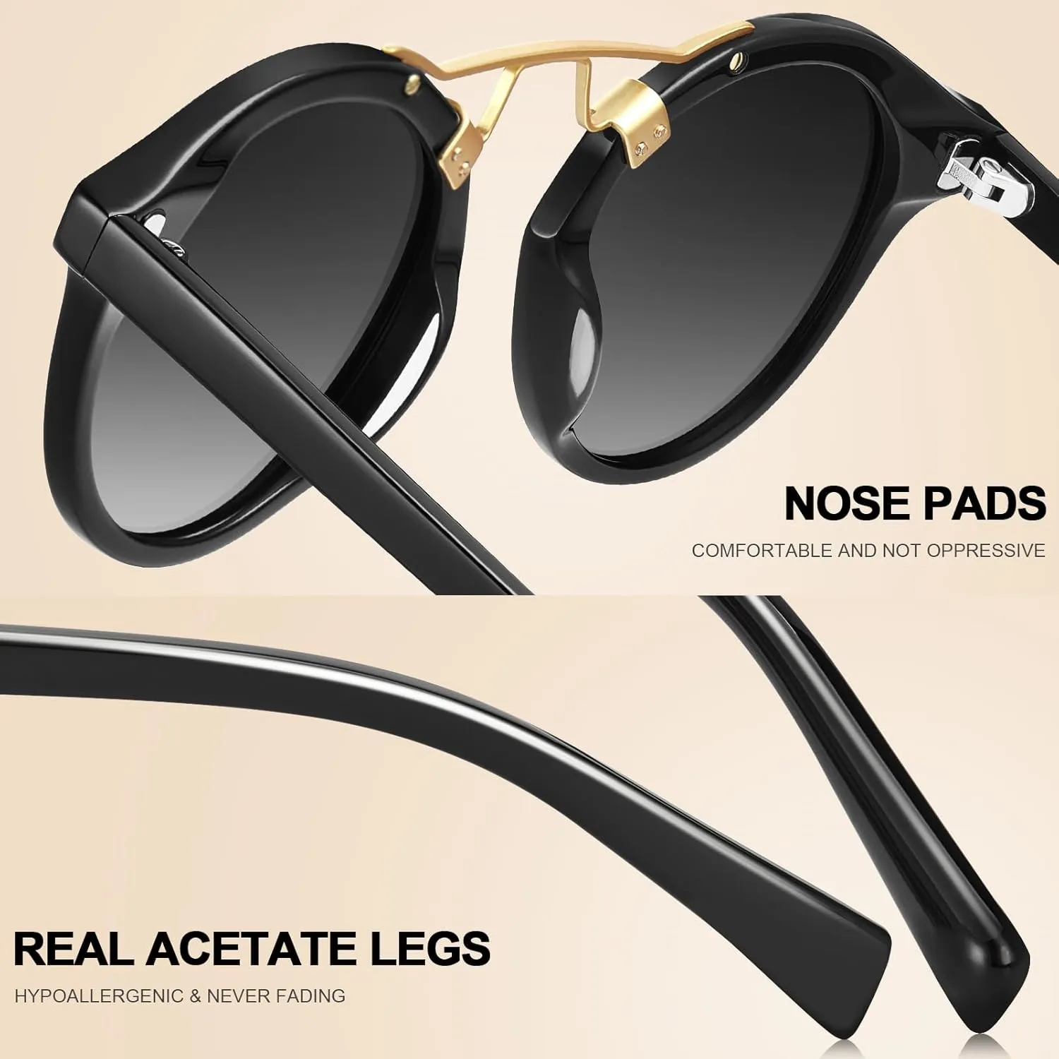 CARFIA Double Bridge Small Acetate Sunglasses for Women Polarized, Retro Metal Brow Ladies Sunnies Fashion Round Eyewears