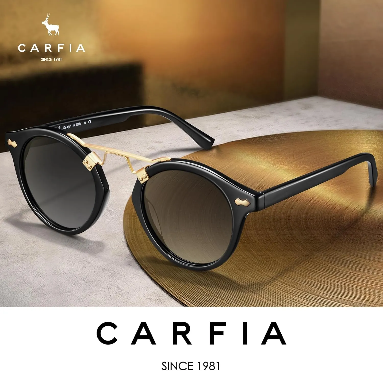CARFIA Double Bridge Small Acetate Sunglasses for Women Polarized, Retro Metal Brow Ladies Sunnies Fashion Round Eyewears