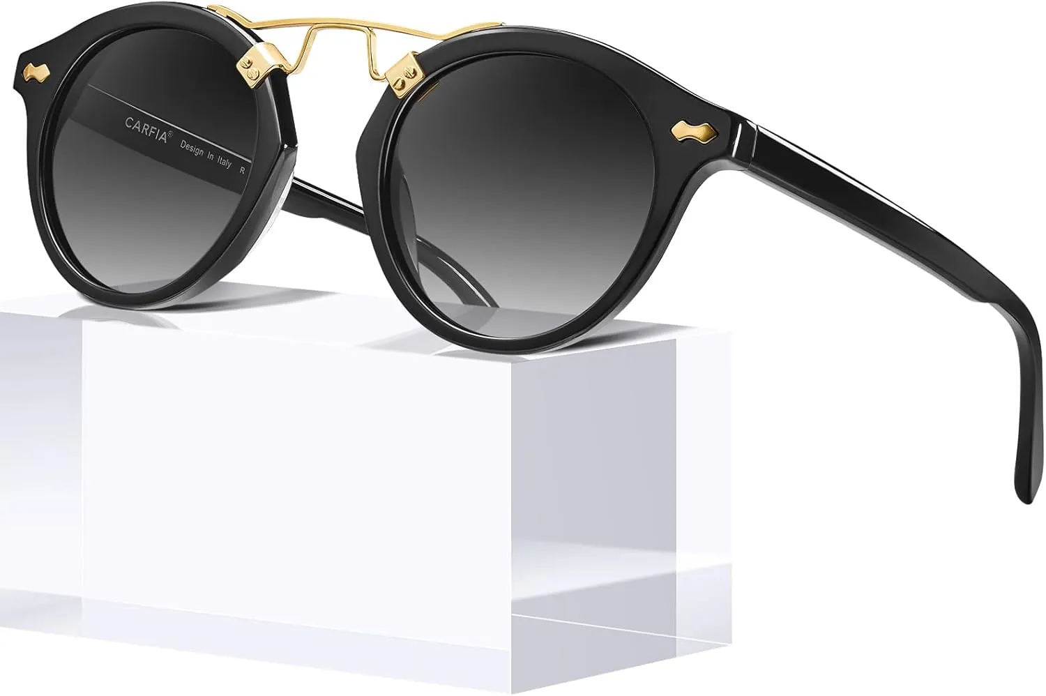 CARFIA Double Bridge Small Acetate Sunglasses for Women Polarized, Retro Metal Brow Ladies Sunnies Fashion Round Eyewears